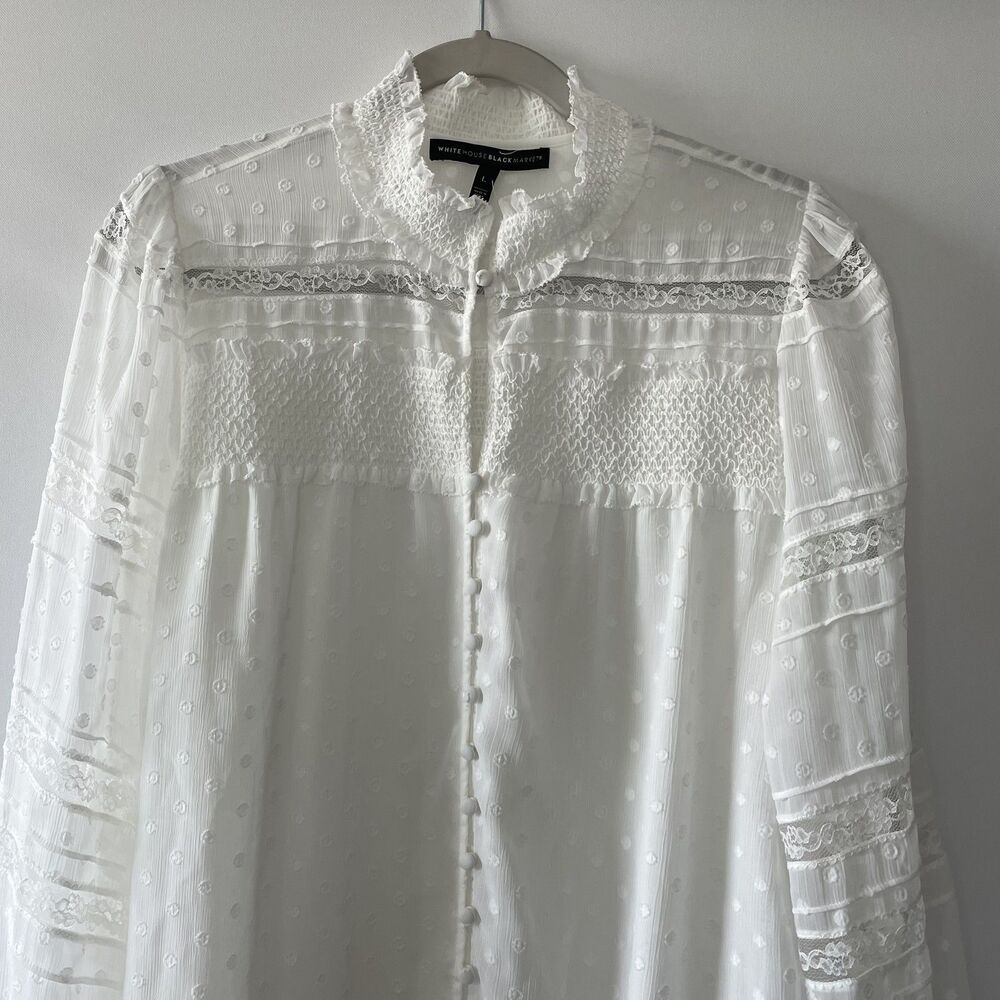 White House Black Market Lace Smocked Swiss Dot Blouse White Size L - Picture 2 of 15